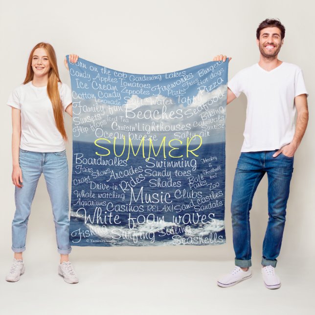 Summer Beach Ocean Waves Typography Fleece Blanket (In Situ)