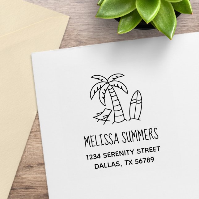 Summer Beach Palm Surfboard Address Rubber Stamp (Creator Uploaded)