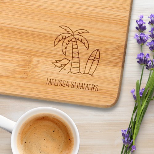 Summer Beach Palm Surfboard Custom Name Cutting Board