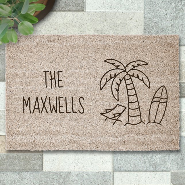 Summer Beach Palm Surfboard Family Name Fiber Doormat (Creator Uploaded)