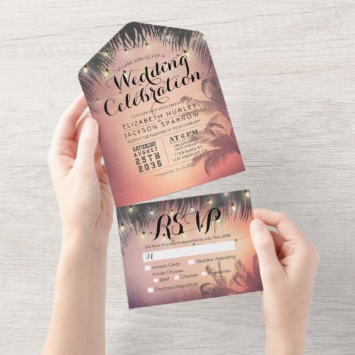 Summer Beach Palm Tree String Lights Wedding RSVP All In One Invitation