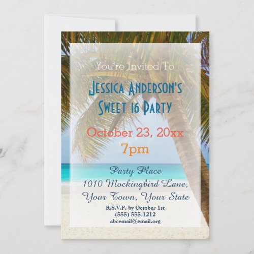 Summer Beach Palm Tree Tropical Sweet 16 Birthday Invitation