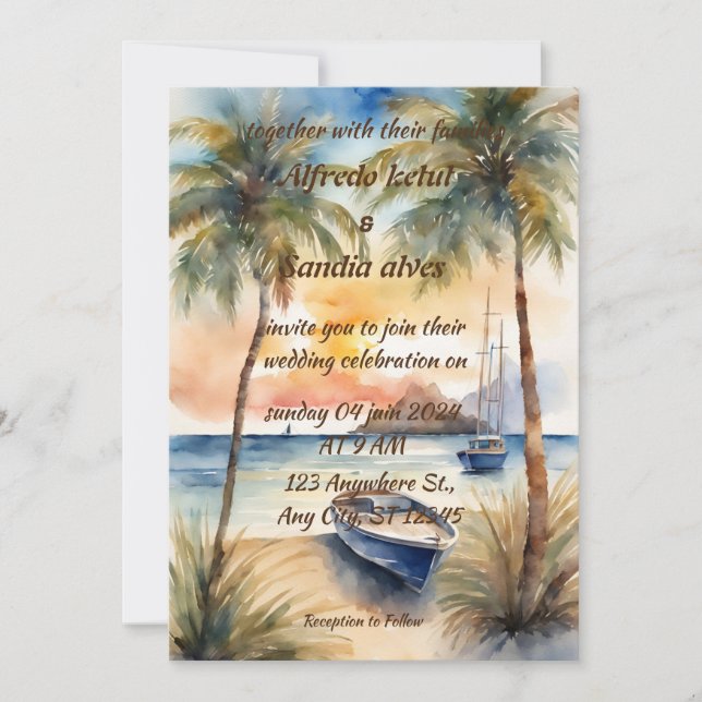 summer beach palm tree tropical watercolor wedding invitation (Front)