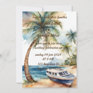 summer beach palm tree tropical watercolor wedding invitation