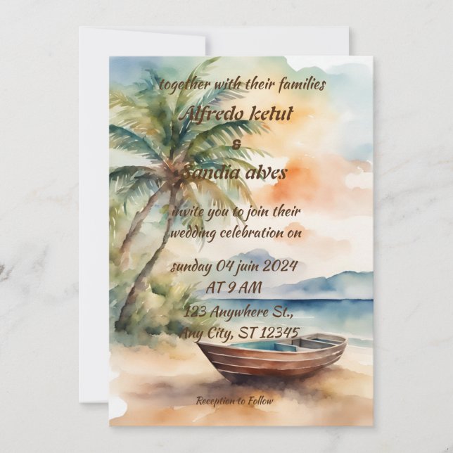 summer beach palm tree tropical watercolor wedding invitation (Front)