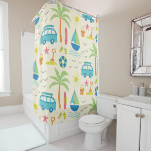 Summer Beach Palm Trees, Boats and Sun Shower Curtain
