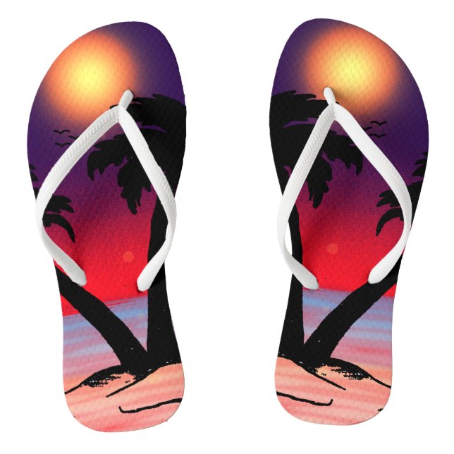 Summer Beach Palm Trees Purple Red Flip Flops (Footbed)
