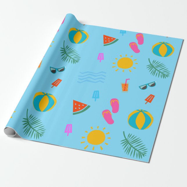 Summer Beach Pattern Birthday Wrapping Paper (Unrolled)