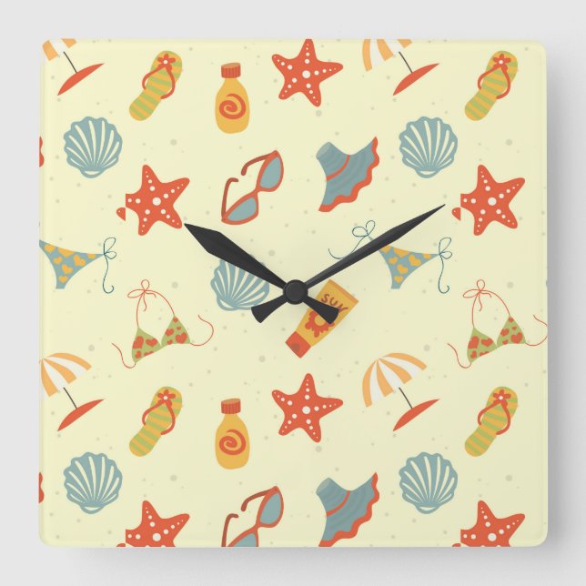 Summer Beach Pattern Square Wall Clock (Front)