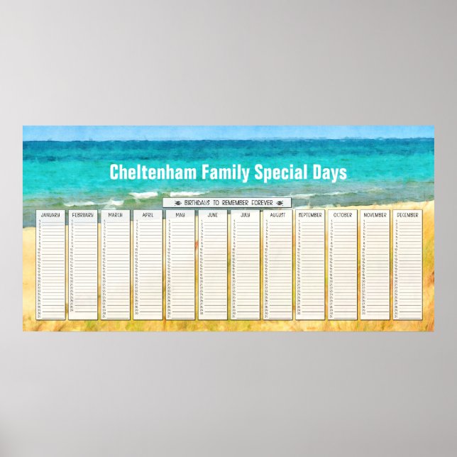 Summer Beach Perpetual Birthday Calendar Poster (Front)
