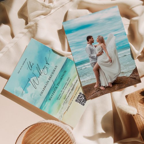 Summer Beach Photo Wedding QR code Invitation
