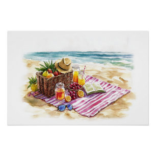Summer Beach Picnic Watercolor Illustration – Vibr Poster