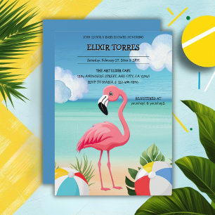 Summer Beach Pink Flamingo Baby Shower Invitation