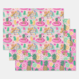 Summer Beach Pink Flamingos Pineapples Lemons Wrapping Paper Sheets