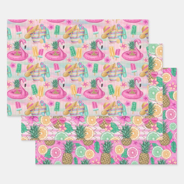 Summer Beach Pink Flamingos Pineapples Lemons Wrapping Paper Sheets (Set)