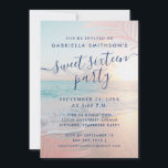 Summer Beach Pink Sunset Tropical 16th Birthday Invitation<br><div class="desc">A stunning chic pink and turquoise aqua blue ocean side beach sunset with rose gold palm tree leaf and hazy gradient overlay background on a summer theme sweet 16 birthday invitation. All wording can be changed to work for any age birthday or celebration, and there is space on the back...</div>
