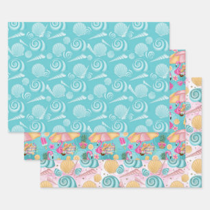 Summer Beach Pink Teal Yellow Seashells Flamingos Wrapping Paper Sheets