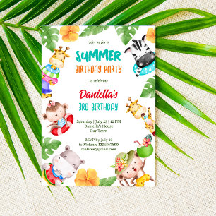 Summer beach pool birthday cute baby animals invitation