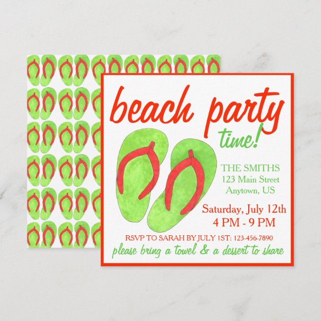 Summer Beach Pool Party Green Flip Flop Sandals Invitation (Front/Back)