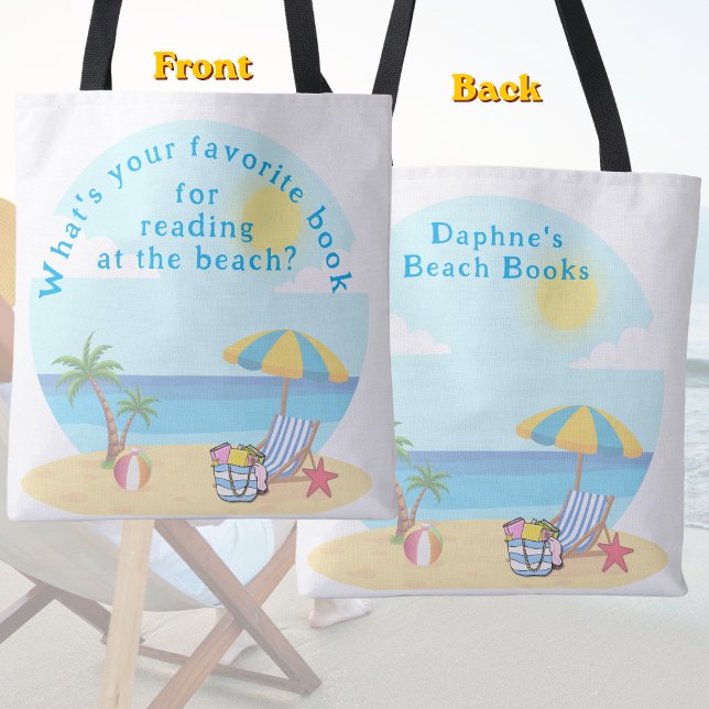 Summer Beach Reading Conversation Starter Tote Bag (What's your favorite beach book all over tote bag)