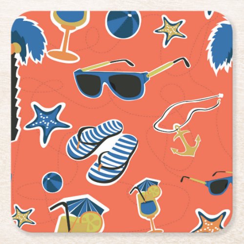 Summer Beach Relaxing Seamless Pattern Square Paper Coaster