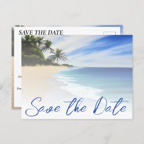 Summer Beach Sand Palm Tree Wedding Save The Date Postcard