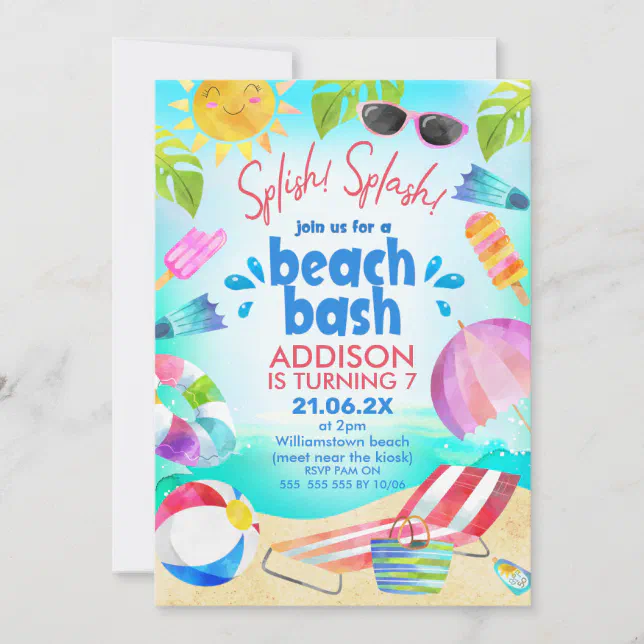 Summer Beach Scene Girls Beach Bash Birthday Invitation 