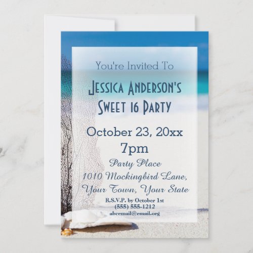 Summer Beach Seashell Blue Sweet 16 Birthday Invitation