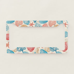 Summer Beach Seashell Starfish Blue Red Pattern License Plate Frame