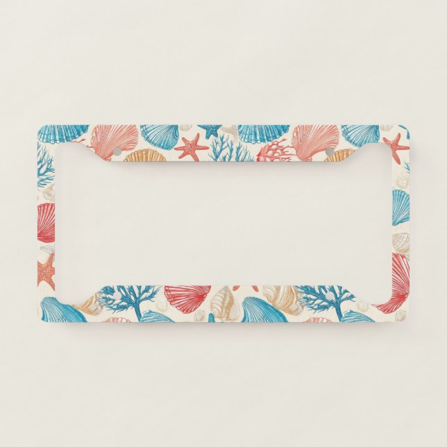 Summer Beach Seashell Starfish Blue Red Pattern License Plate Frame (Front)