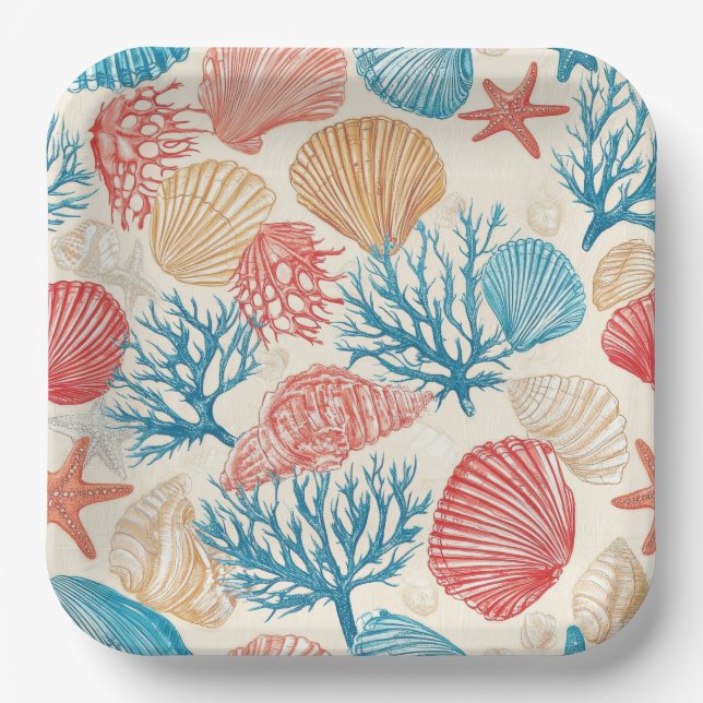 Summer Beach Seashell Starfish Blue Red Pattern Paper Plates (Front)