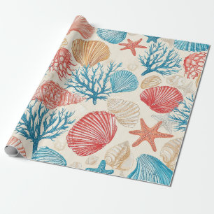 Summer Beach Seashell Starfish Blue Red Pattern Wrapping Paper