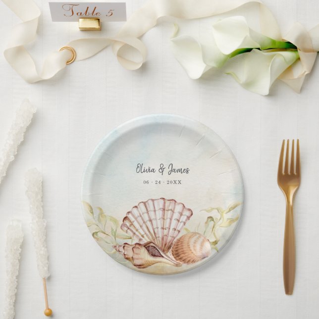 Summer Beach Seashell Tropical Wedding Paper Plates (Wedding)