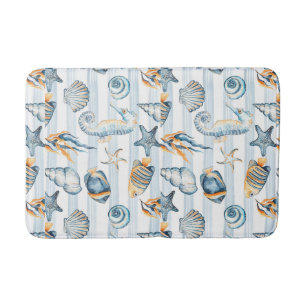 Summer Beach Seashell  Watercolor Blue White Bath Mat