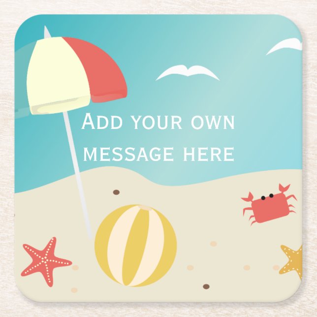 Summer Beach Seaside Holiday Custom Text Square Paper Coaster (Front)