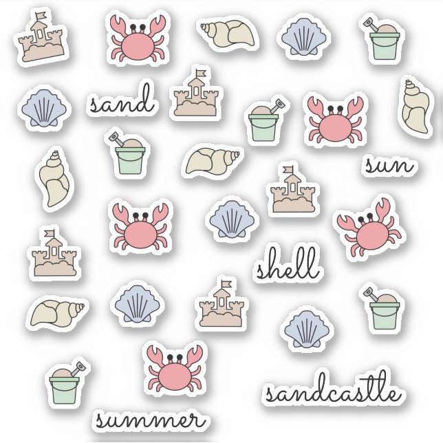 Summer Beach Shell Crab Sandcastle Pail Words Sticker (Front)