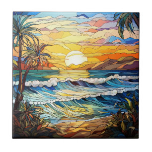 Summer Beach Stained Glass Ceramic Tile