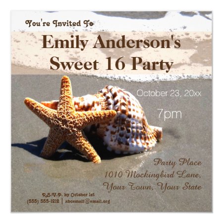 Summer Beach Starfish Seashell Sweet 16 Birthday Card