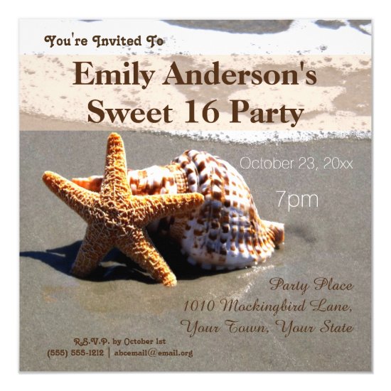 Summer Beach Starfish Seashell Sweet 16 Birthday Card