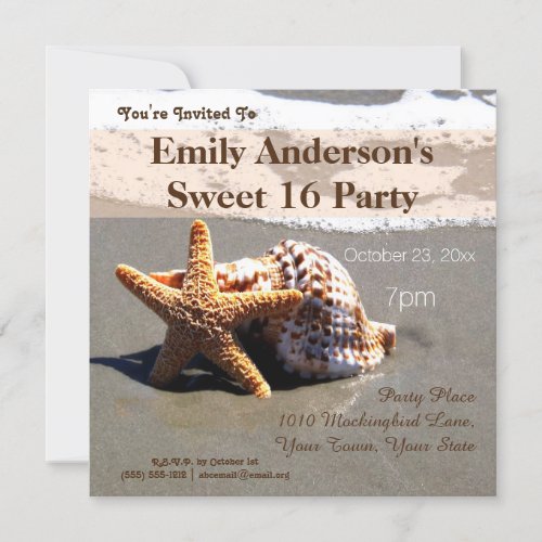 Summer Beach Starfish Seashell Sweet 16 Birthday Invitation