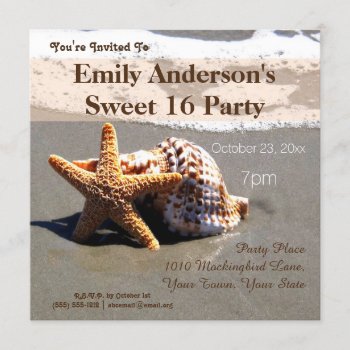 Summer Beach Starfish Seashell Sweet 16 Birthday Invitation by MaggieMart at Zazzle