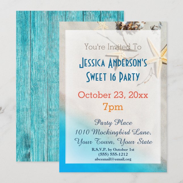Summer Beach Starfish Tropical Sweet 16 Birthday Invitation (Front/Back)