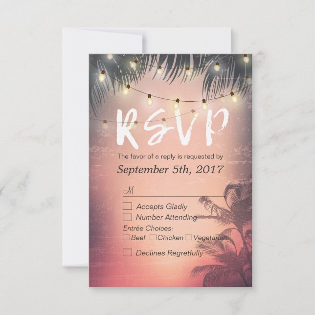 Summer Beach String Lights Chic Wedding RSVP Reply Card (Front)