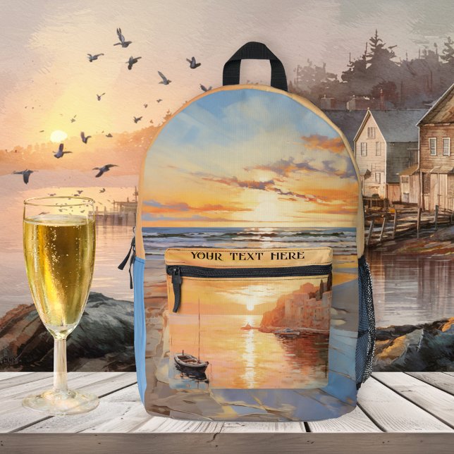 Summer Beach Sunset Nautical  Printed Backpack (Sunny backpack featuring a painting of a sunset on the beach and on the pocket a coast with sailboat)