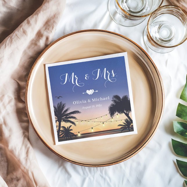 Summer Beach Sunset Palm Tree Mr and Mrs Wedding Napkins (Creator Uploaded)