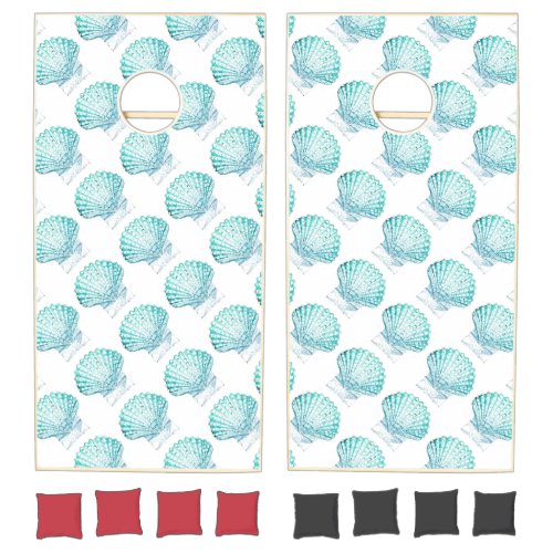 summer beach teal blue watercolor mermaid seashell cornhole set