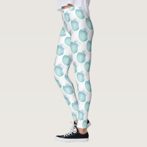 summer beach teal blue watercolor mermaid seashell leggings