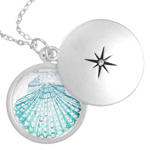 summer beach teal blue watercolor mermaid seashell locket necklace