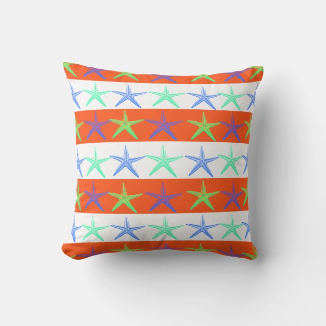 Summer Beach Theme Starfish on Orange Stripes Throw Pillow (Front)