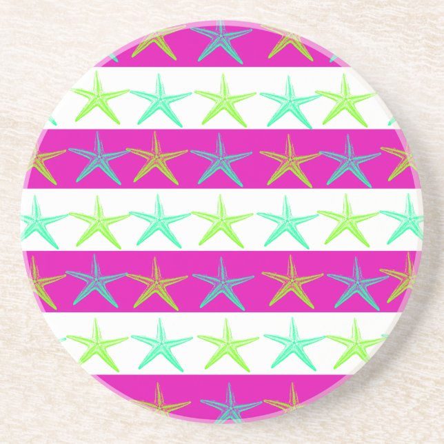 Summer Beach Theme Starfish on Purple Stripes Drink Coaster (Front)